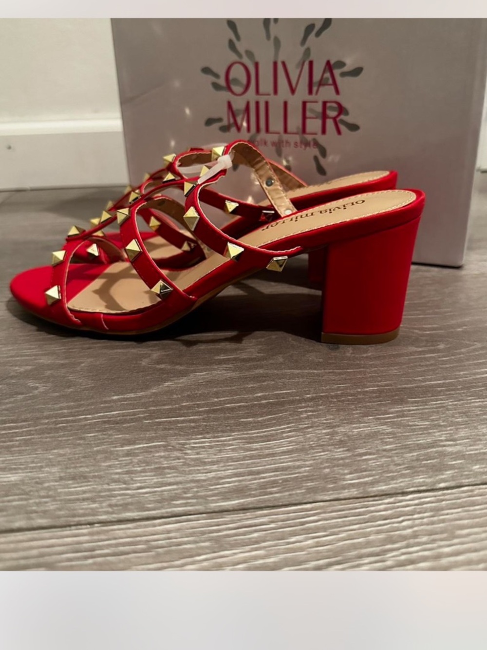 Olivia Miller Red Pyramid-Stud Strappy Block Heels - Picture 2 of 3